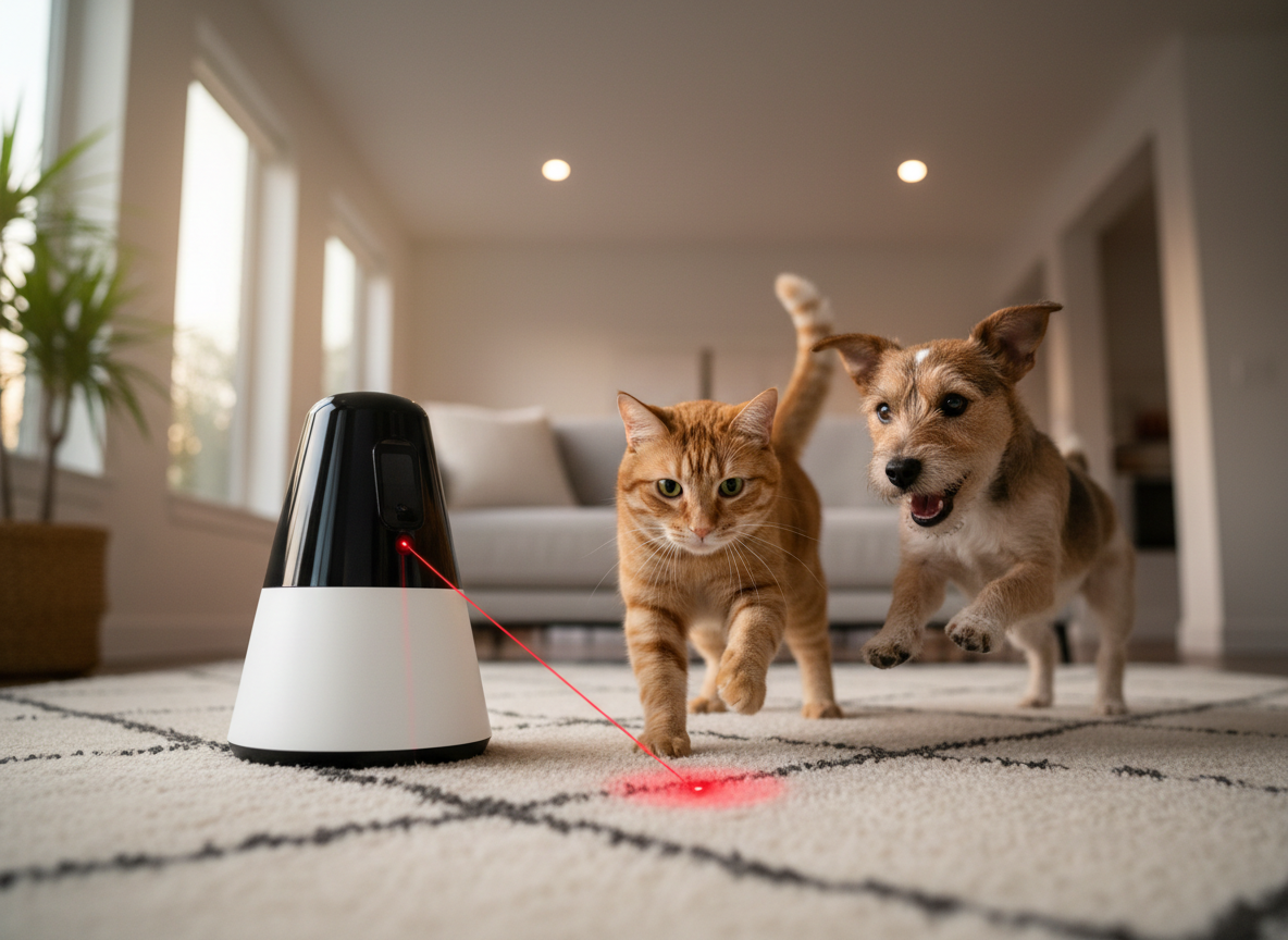 A smart interactive laser toy for pets, shaped like a smooth white cone with a glossy black sensor panel, placed on a clean living room rug. A slim red laser dot dances across the floor in front of an alert tabby cat and an excited small terrier, both frozen mid-play in photo-realistic detail. The room is lit by soft, diffused overhead lighting combined with subtle evening window light, creating a balanced, shadow-free scene that emphasizes motion and fun. Shot from a low angle at pet eye level, with the gadget slightly off-center following the rule of thirds, the composition enhances the playful, energetic mood while keeping a modern, high-tech aesthetic.