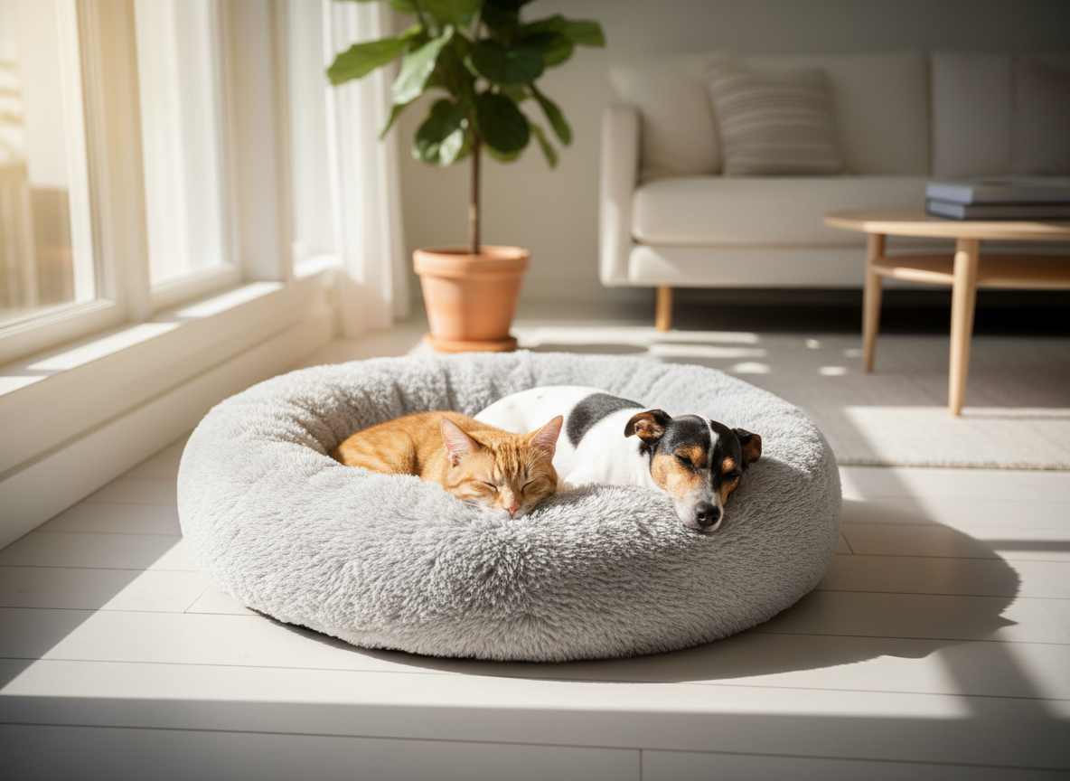 A plush, donut-shaped self-warming pet bed in soft, faux-fur light gray fabric, positioned in the corner of a bright, Scandinavian-style living room. A relaxed ginger cat curls in the center while a small black-and-white dog naps along the outer edge, both sinking into the cushioned sides. Sunlight streams through a large window, creating warm highlights on the fluffy textures and soft shadows on the pale wooden floor. A blurred background of simple furniture and a leafy plant keeps the focus on the gadget. Captured from a slightly elevated angle with a gentle vignette, the photographic image feels cozy, secure, and inviting, perfectly showcasing comfort-focused gadgets for cats and dogs.