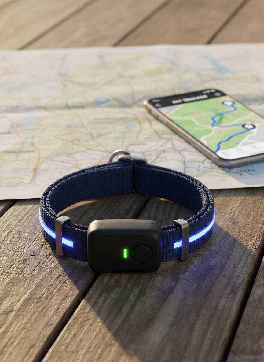 A high-tech GPS pet collar in textured navy-blue nylon with a compact matte-black tracking module, resting neatly on a rustic wooden table. The collar is coiled in a loose circle, showcasing its sturdy metal buckle and glowing LED edge strip. Behind it, slightly out of focus, a large paper map and a smartphone displaying a colorful tracking app screen reinforce the gadget’s purpose. Late afternoon natural light slants in from the side, creating crisp highlights on metal parts and soft shadows that add depth. Framed in a centered, close-up composition with photographic realism, the atmosphere is reliable and adventurous, suggesting safety and exploration for dogs and cats alike.